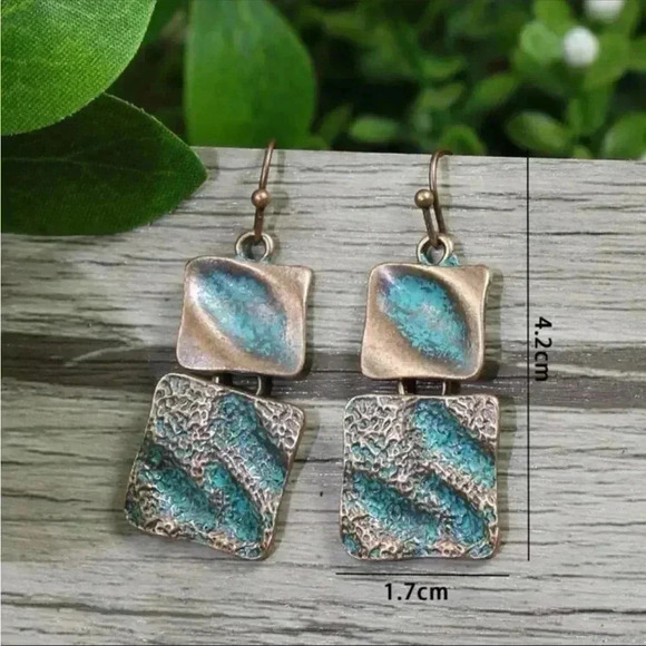 Bronze and Turquoise Square Drop Earrings - Picture 3 of 3